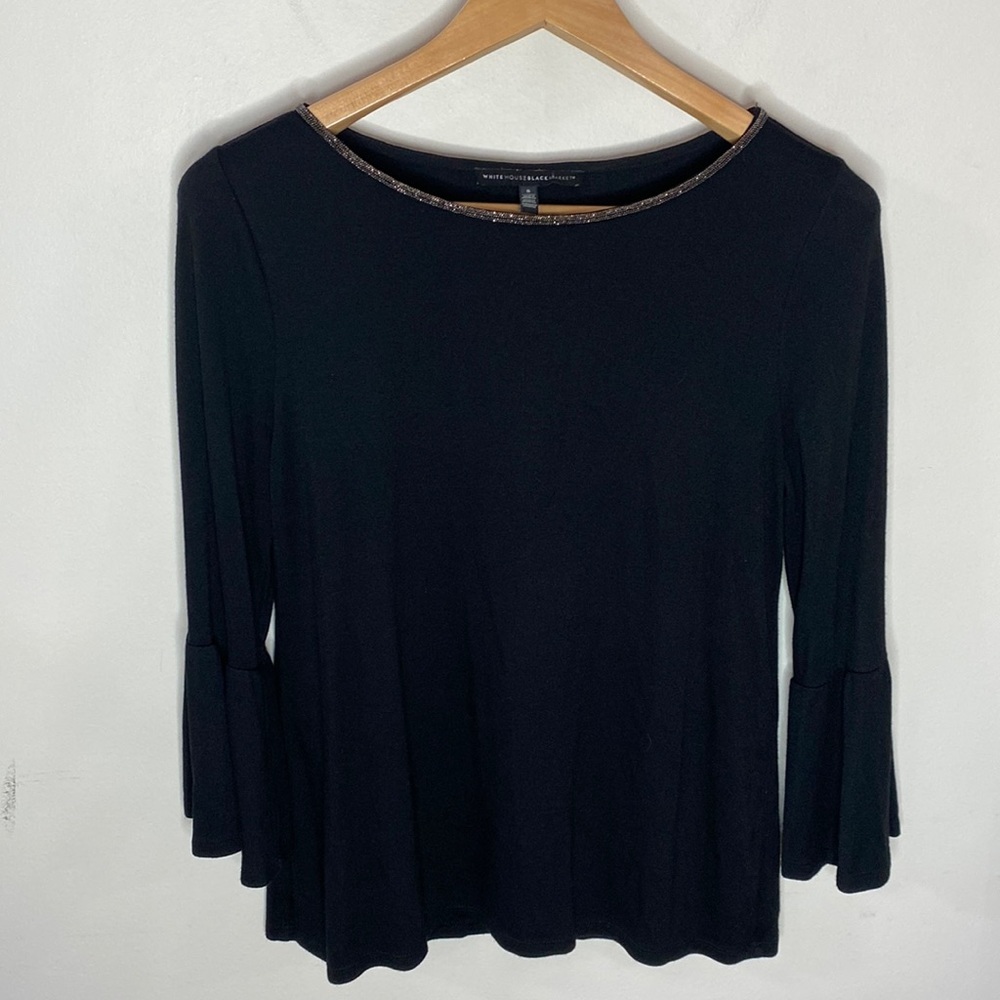 White House Black Market black bell sleeve jersey knit embellished neck top sz S